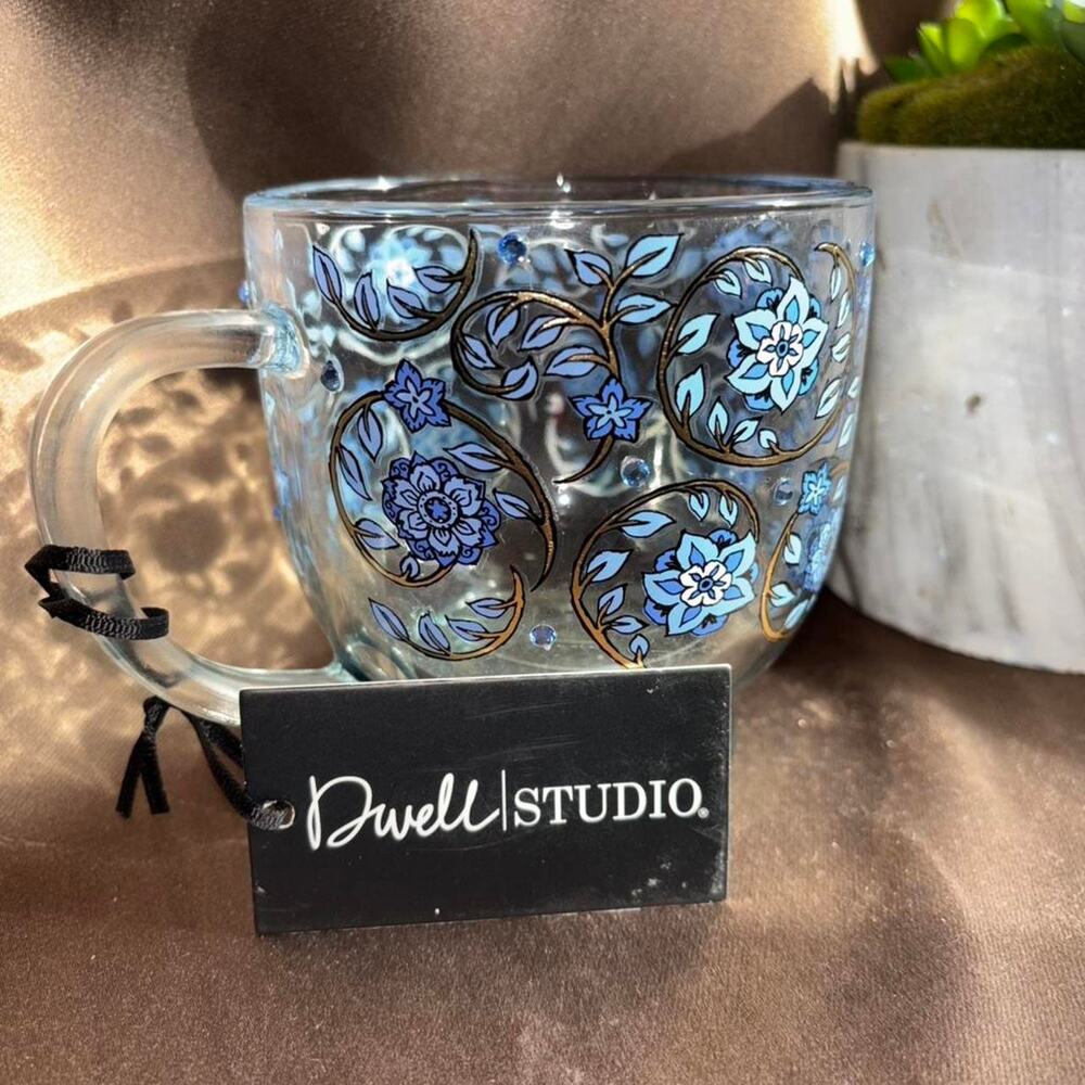 Dwell studio blue floral bejeweled glass mug